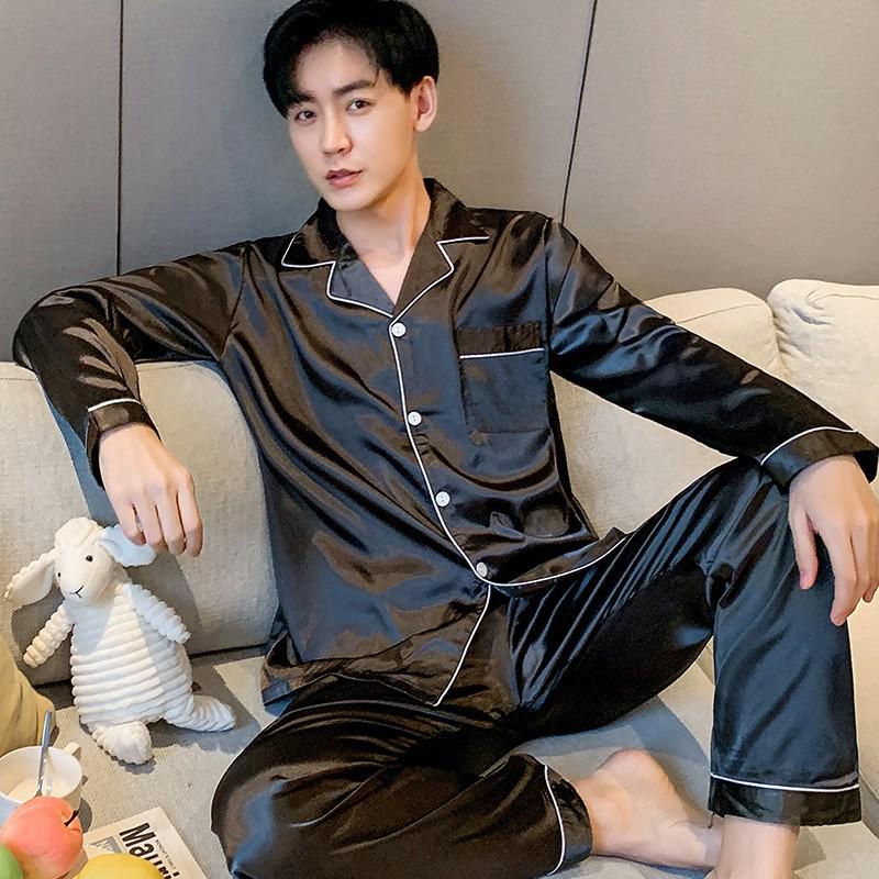 Men's Ice Silk Long-Sleeve Pajama Set - Thin & Breathable, Plus Size, for Spring & Autumn