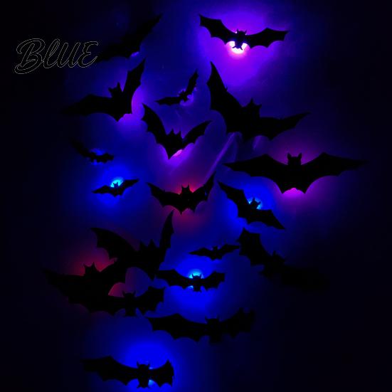 Removable Wall Decal Halloween LED Stickers Glow-in-the-Dark Bat & Spider Decorations Battery-Powered Hanging Ornaments Night Light Sticker