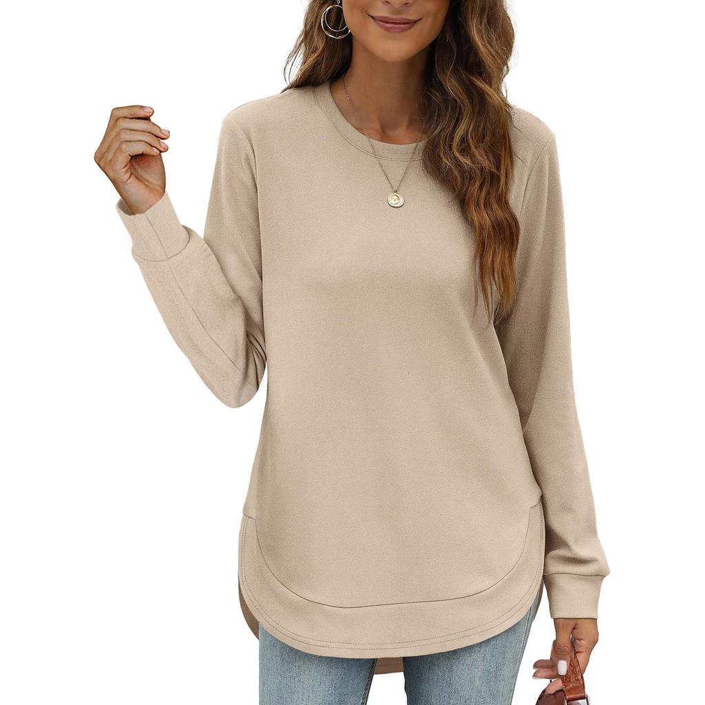 Women's Casual Fashion Round Neck Loose T-Shirt Solid Colour Long Sleeve Top