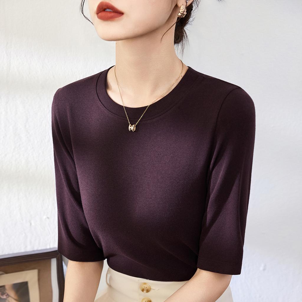 Modal cotton round neck medium-sleeved women's half-sleeved inner bottoming shirt early autumn new five-quarter-sleeved outer top