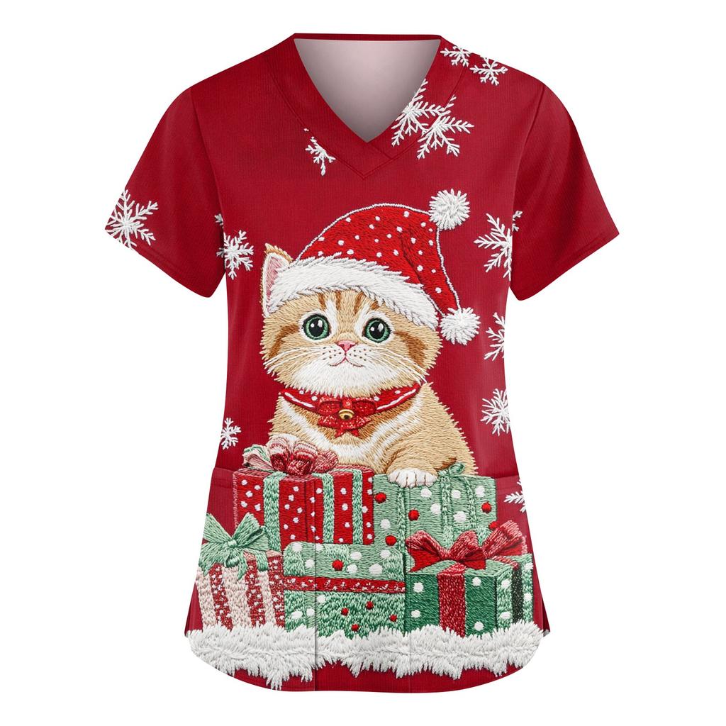 Damen Modische V-Ausschnitt Arbeitskleidung Weihnachten Bedruckt Kurzärmlig Tasche Seitenschlitz Arbeitskleidung Basic Pullover Top