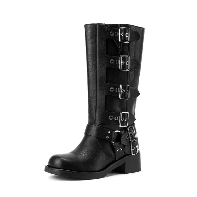 Fashion New Rivet Belt Buckle Black Brown Knee High Boots Autumn Winter Roundhead Punk Style Chelsea Women's Motorcycle Boots Size 36-43