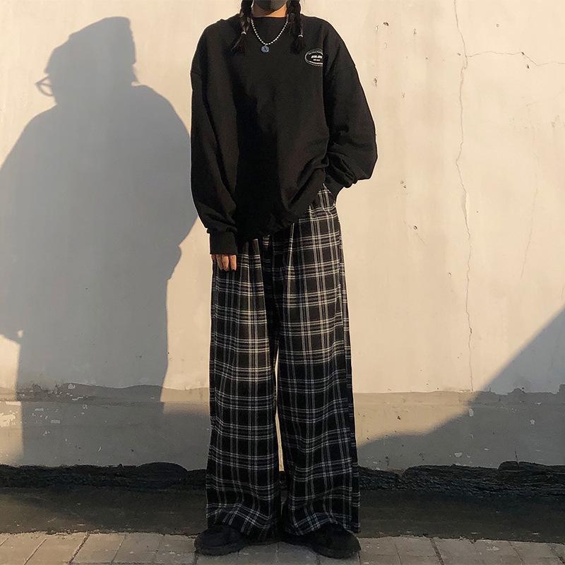 2024 Women's High Waist Plaid Pants - Korean Style, Casual, Wide Leg, Loose Fit for Spring and Autumn.