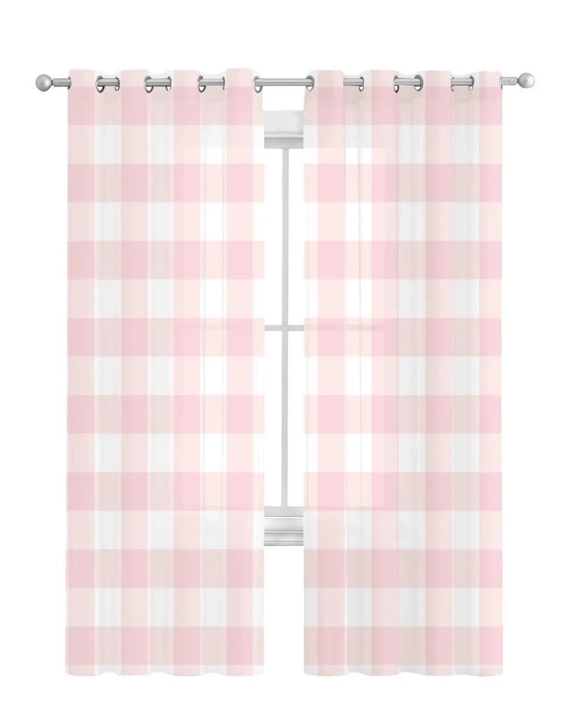 Pink Plaid Tulle Curtains For Living Room Bedroom Kitchen Decoration Chiffon Sheer Voile Window Curtains Transparent Drape