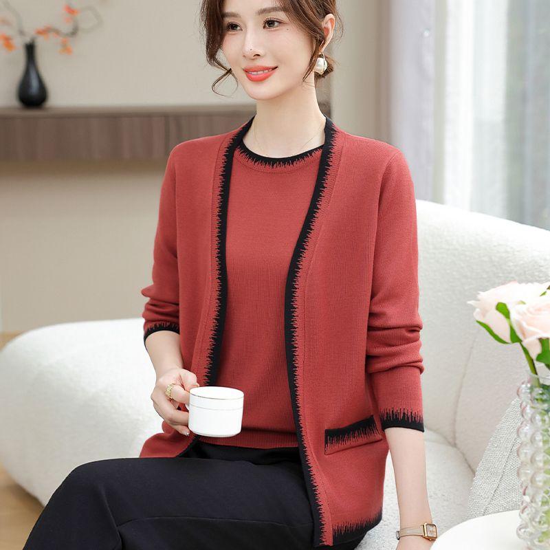 

2 шт. Тонкие вязаные топы Женский вязаный кардиган с коротким рукавом Вязаная футболка Костюмы из двух предметов Вязаная куртка с открытой передней частью Футболка S красный