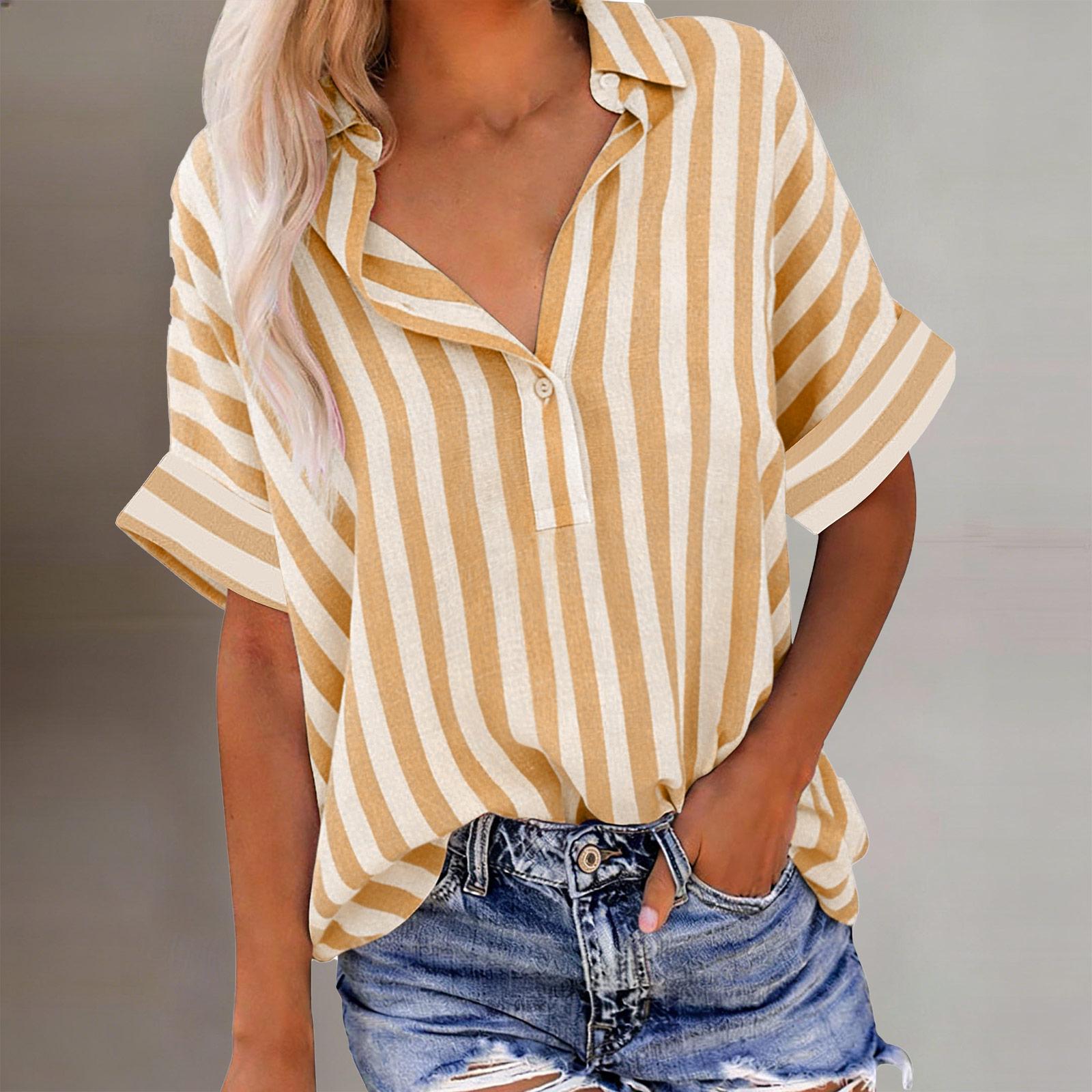 

Womens Loose Fit Vertical Stripe Short Sleeve Button Down Collared Shirt Casual Lightweight Blouse Top XL жовтий