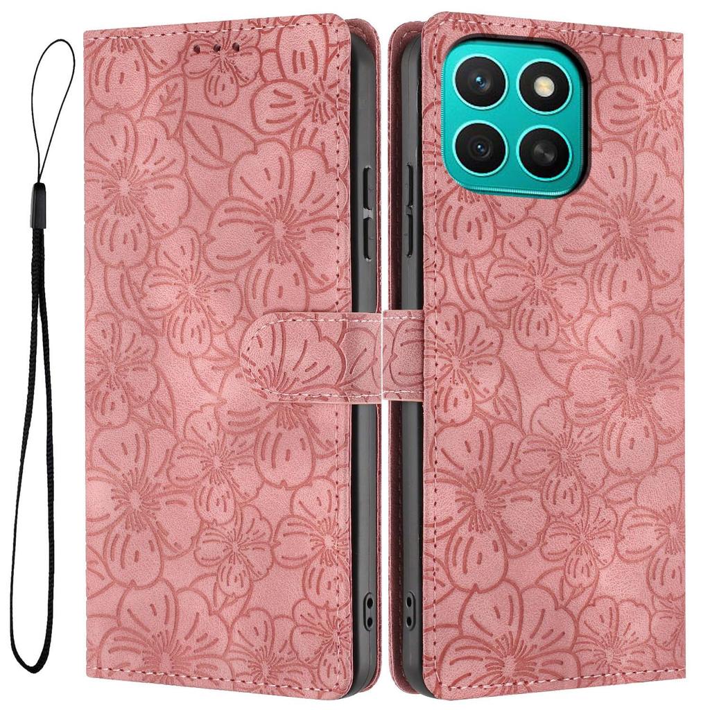 For Honor X8c 4G Flip Case Cherry Blossom Pattern Leather Wallet Stand Phone Cover with Wrist Strap