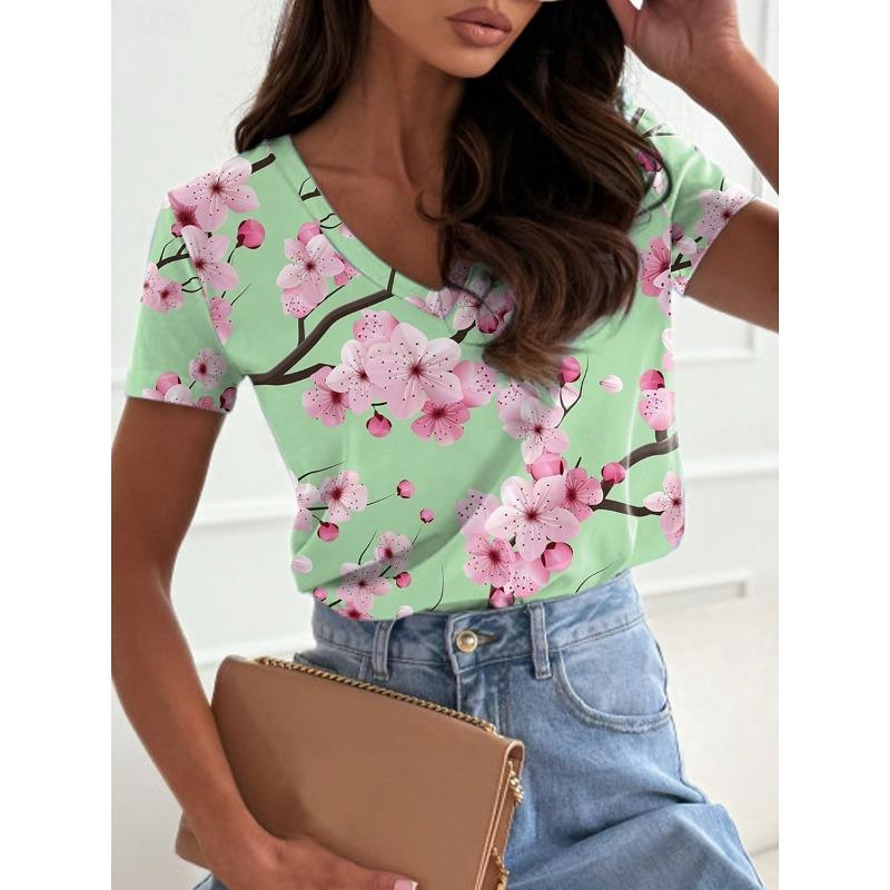 Women's Trendy T-Shirt Flowers Graphics Fashion Short Sleeved V-Neck Regular Tops Daily Print Tee Summer Y2K Casual Tops