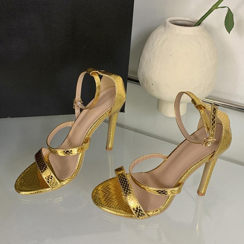 Fashion Liyke Gold Snake Print Leather Ankle Strap Sandals Women Summer Fashion Open Toe Gladiator High Heels Party Dress Shoes Size 42