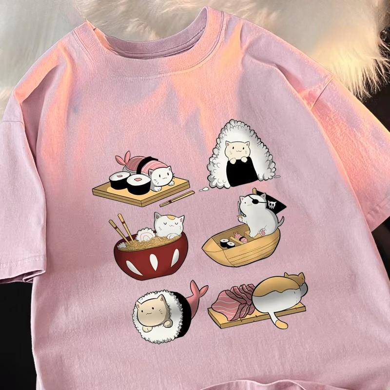 2025 Summer Men's Cute Funny Sushi Cat Print Men's T-shirt Hip Hop T-shirt Summer Casual Loose