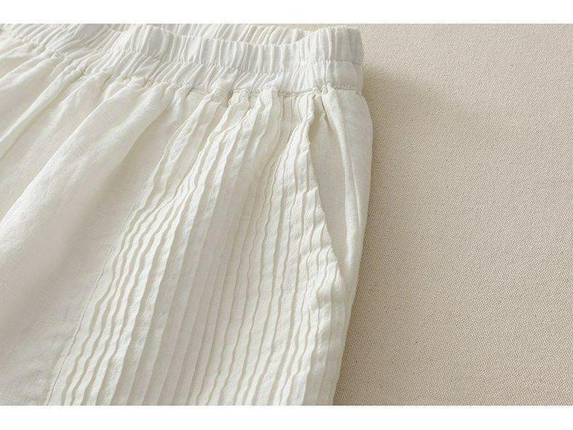Women's Retro Pleated Cotton & Linen Wide-Leg Skirt Pants - High-Waisted Simple Solid Color