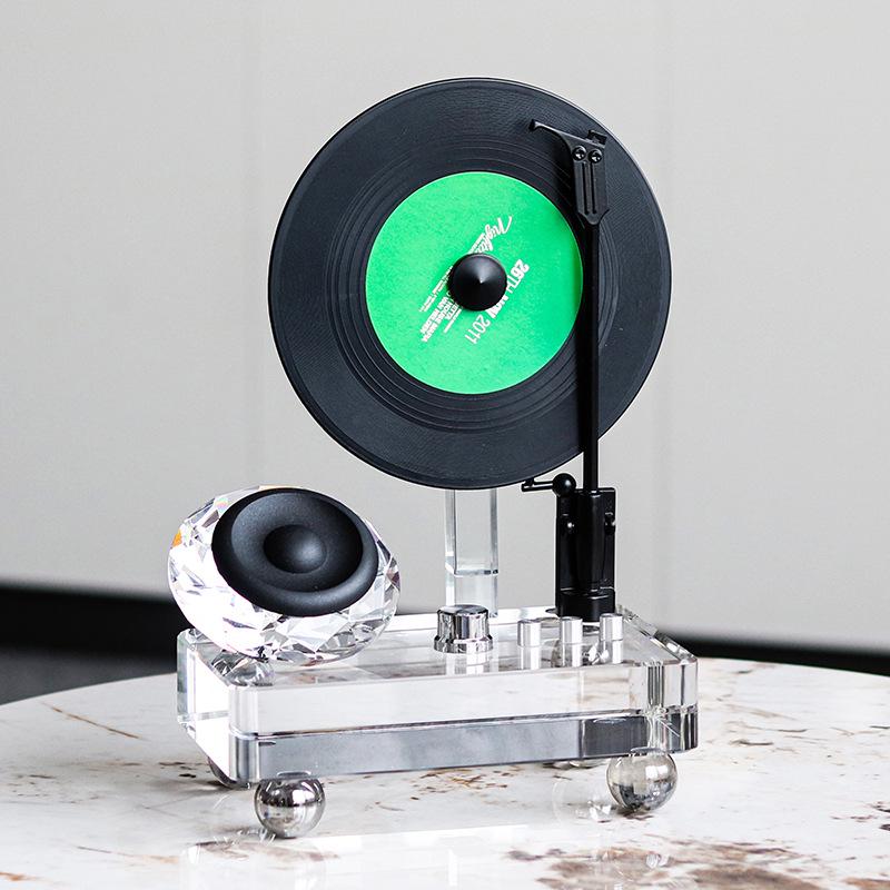 Elegant Retro Crystal Vinyl Record Player Ornament for Living Room or Office Decor