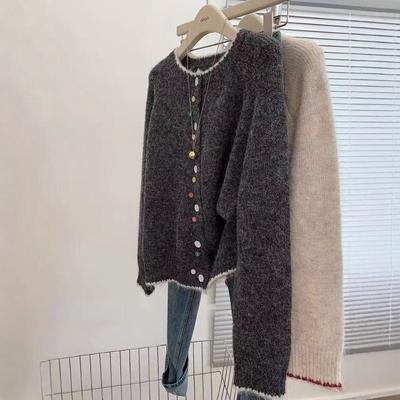 Grey Round Neck Long Sleeve Knitted Cardigan Sweater Jacket Women's New Small Wear Soft Waxy Loose Top