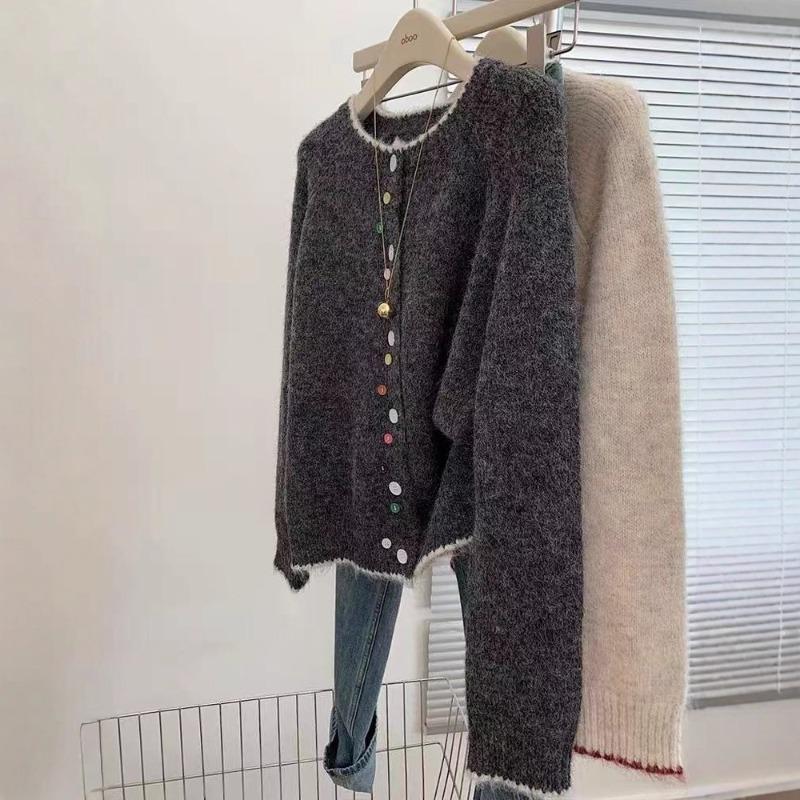 Grey round neck long sleeve knitted cardigan sweater jacket women's new small wear soft waxy loose top