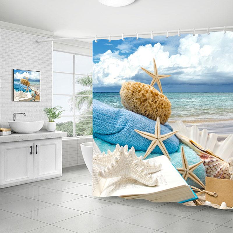 Shower Curtain Bathroom Fabric Non-Punching Beach Natural Scenery Digital Printing Shower Curtain With 12 Hooks