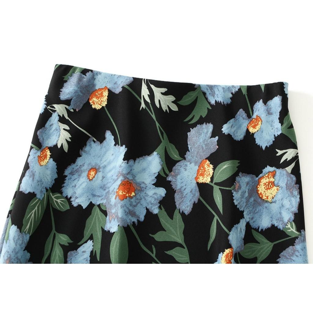 Qooth Maxi Skirt  A Line Fishtail Hem with Floral Print Elegant Elastic Waist QT2760