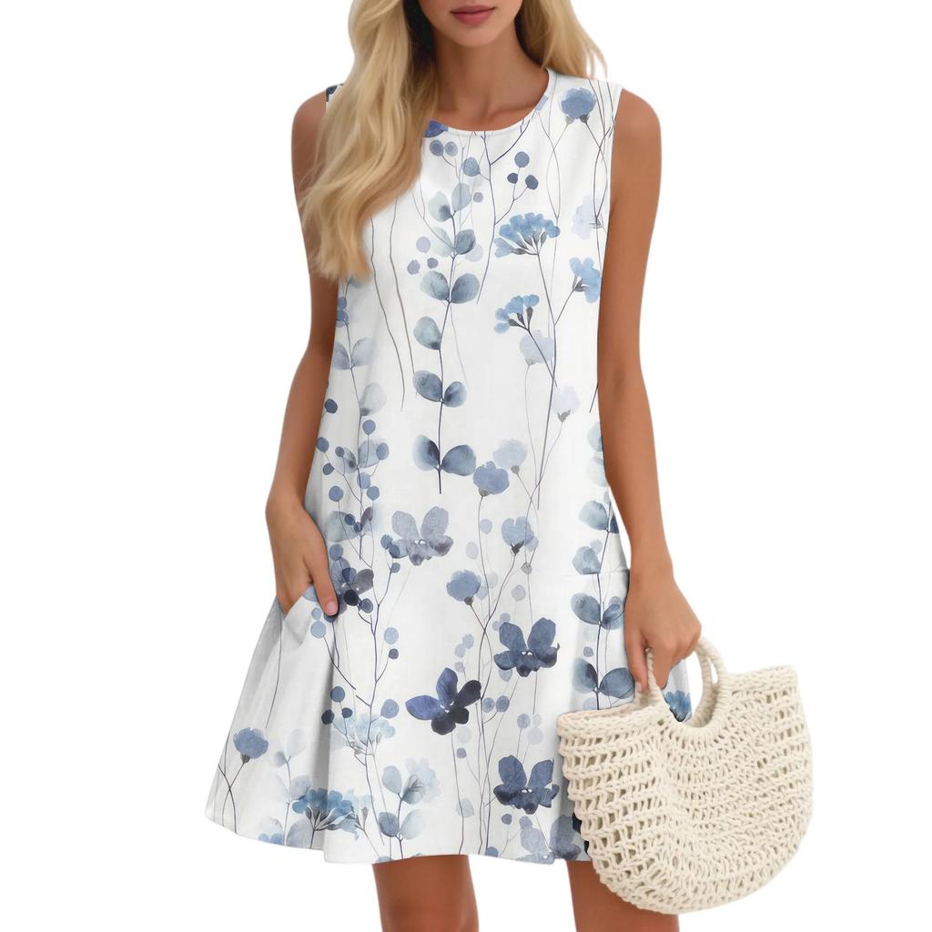 Women's Casual Fashion Breathable Round Neck Vest Floral Holiday Dress With Pockets