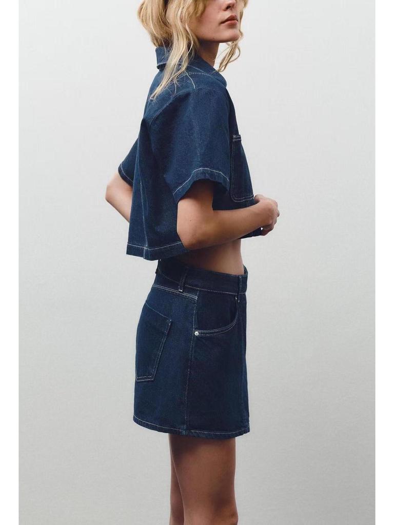 Women's Summer V-Neck Short Sleeve Top & High-Waisted Denim Two-Piece Set