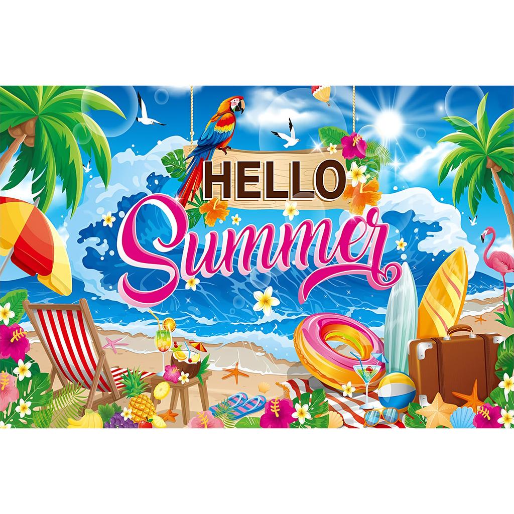 Hawaiian Beach Backdrop Hello Summer Tropical Ocean Palm Tree Surfboard Photo Background Luau Aloha Party Photo Booth Banner