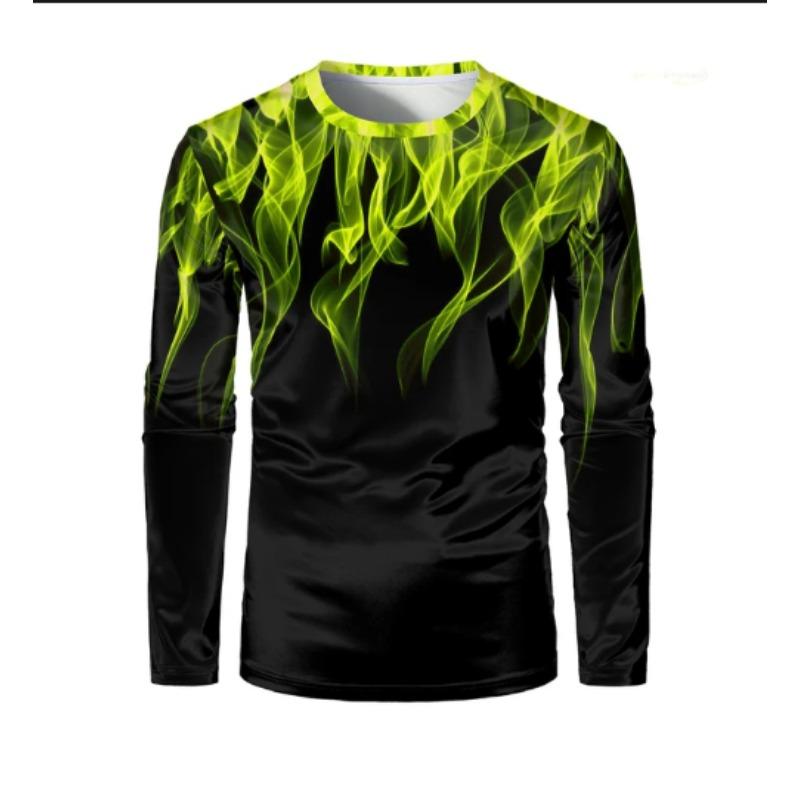 Fashion polychrome Flame 3D Printed Men  Long Sleeve T-shirt Personality Funny T Shirts Retro Street Loose Trend Pullover Tees