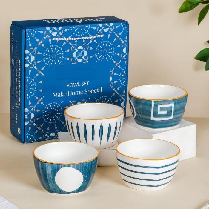 

Набор керамических мисок 350 мл из 4 штук – Подходят для микроволновой печи и посудомоечной машины, не содержат BPA и свинца, обеденные миски для закусок, риса, дала, фруктов, салата | Элегантные бело-синие