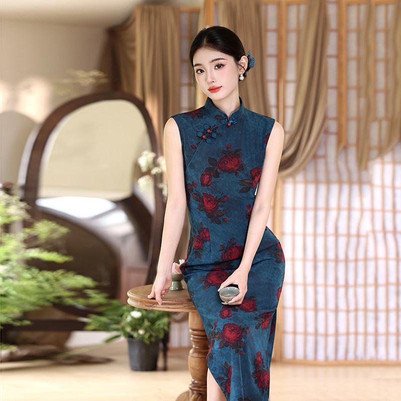 Blue sleeveless national style new Chinese daily Suzhou long cheongsam improved young 1011 new women's high sense