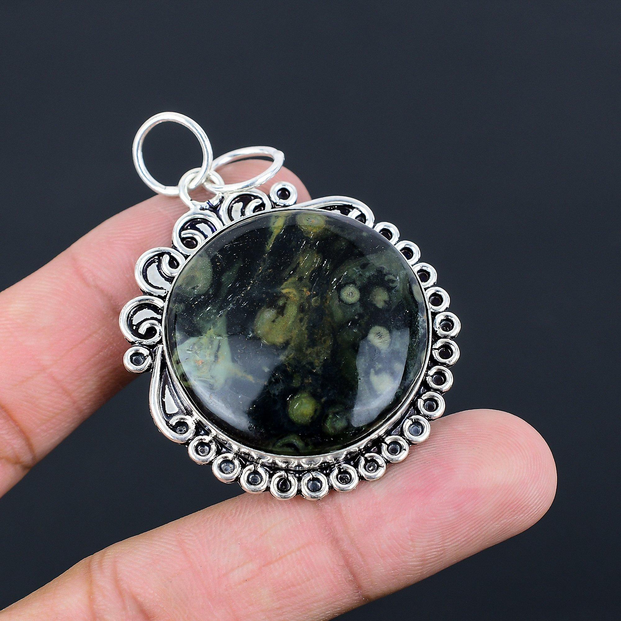 Round Kambaba Jasper Gemstone Engagement Mother Bezel Pendant Jewelry 925 Silver