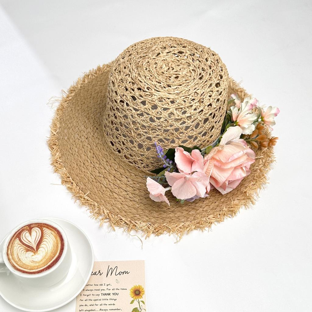 Summer big brim sun hat women's fashion ins seaside sun protection straw hat pastoral pearl face small sun hat
