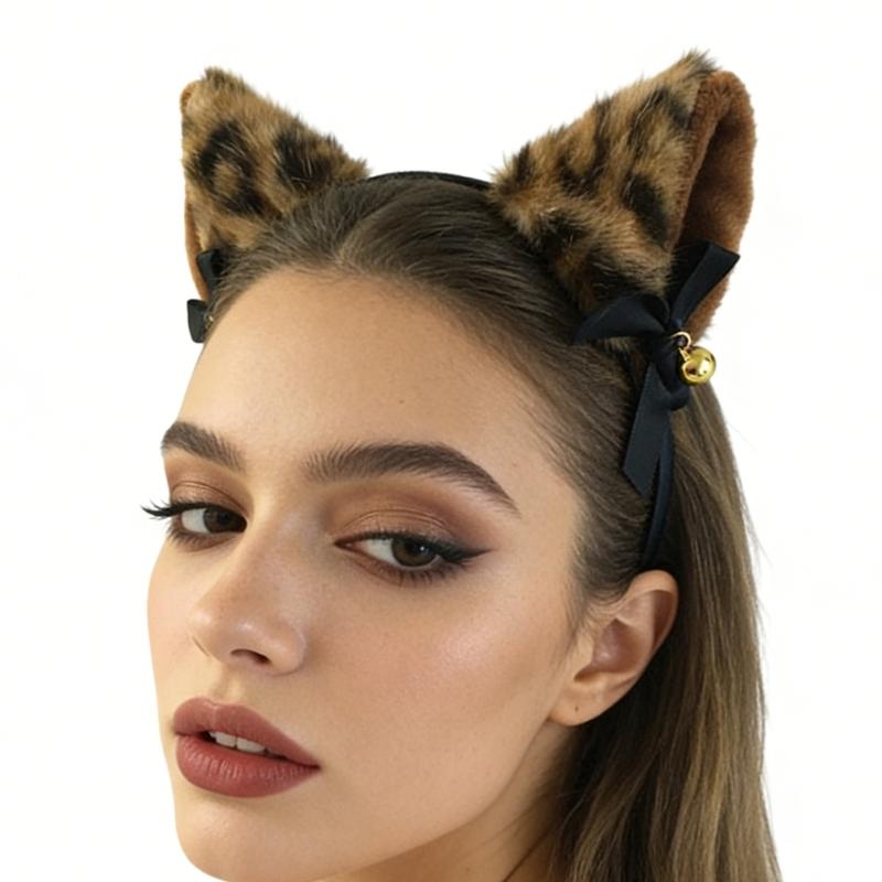 Soft Furry Leopard Print Cats Ear Headband With Attached Bells For Cosplay Halloween And Dance Parties