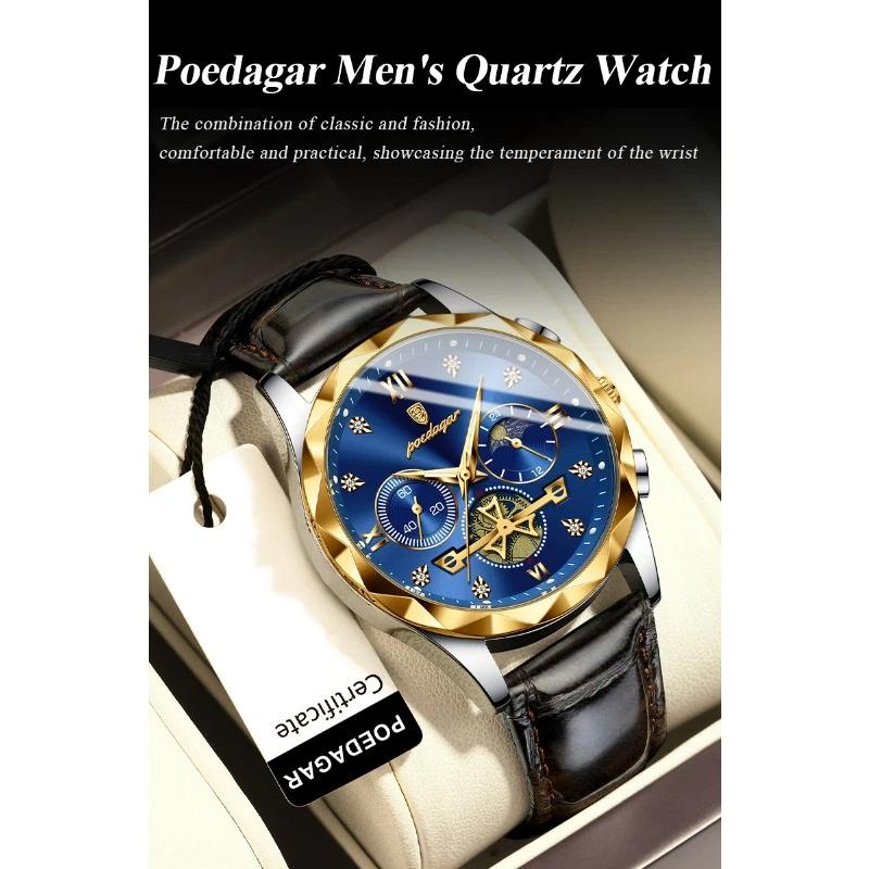 POEDAGAR Luxus-Armbanduhr für Herren Sport Leder Quarz-Uhr Wasserdicht Leuchtend Chronograph Uhren Männliche Uhr Reloj+Box