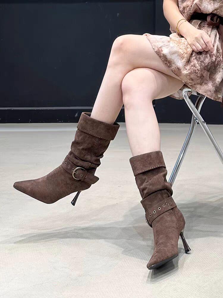 Autumn Women's High Heel Wrinkle Ankle Boots New Winter Pointed Toe Head Thin Heel Chelsea Boots for Shoes Dress Boots 514