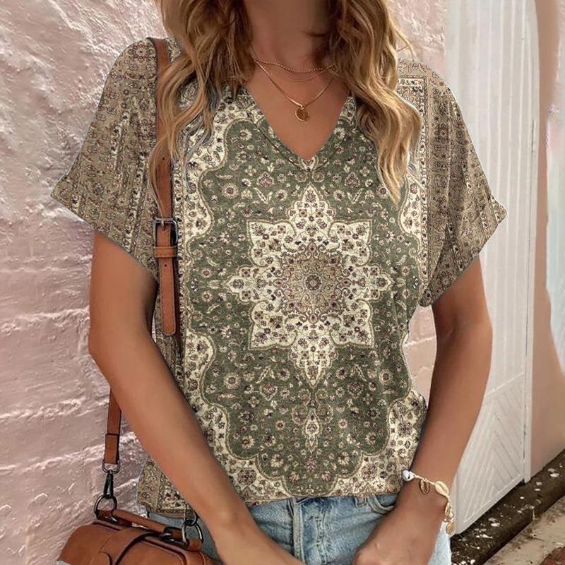 Casual Bohemian Print Women's Short Sleeve V-Neck Top T-Shirt