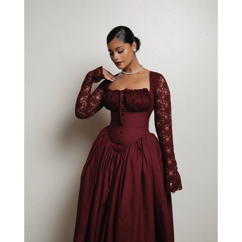 Damenkleid Frühling und Herbst Temperament Quadratischer Ausschnitt Spitze Langärmlig Tailliert Einfarbig Midilänge Kleider