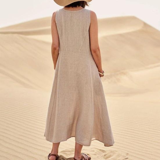 Vestido Maxi de Lino para Mujer Casual de Verano Holgado Sin Mangas Boho Tipo Camiseta Cuello Redondo Vestido de Sol para Vacaciones en la Playa con Bolsillos