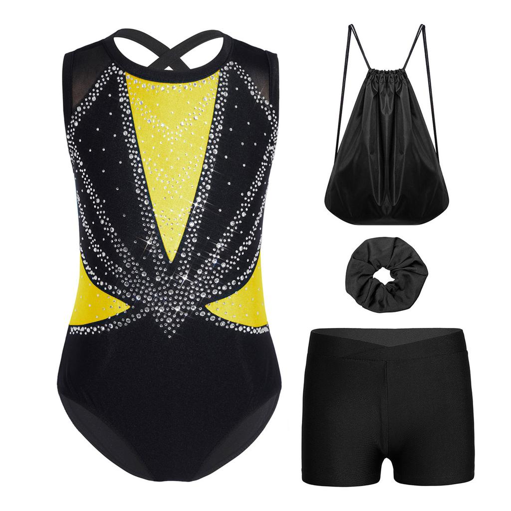 Kids Girls Gymnastics Dance Set Sleeveless Crisscross Back Shiny Rhinestones Color Block Metallic Leotard with Shorts Hairband and Drawstring Backpack
