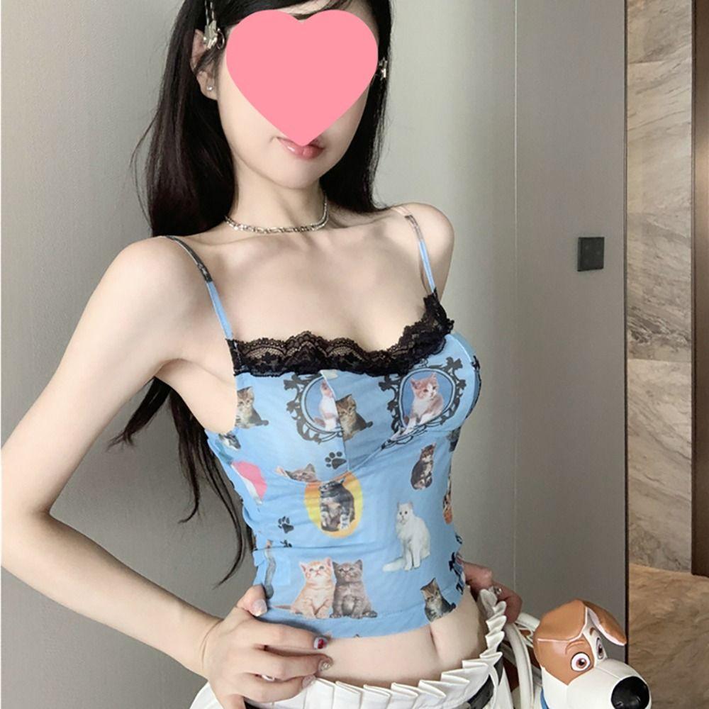

Kawaii Tank Top Cat Print Women Vest Cute Sleeveless Top Women