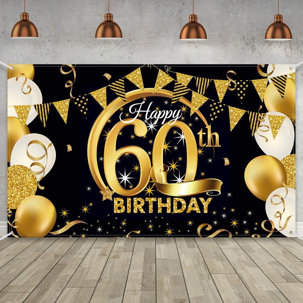 Birthday Party Decoration Extra Large Fabric Black Gold Sign Poster for Anniversary Photo Booth Backdrop Background Banner, Birthday Party Supplies,