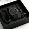 Trendiges Schwarzes Mode-Quarz-Armbanduhr & Schmuck-Set für Herren: Armband, Ring, Halskette und Geschenkbox
