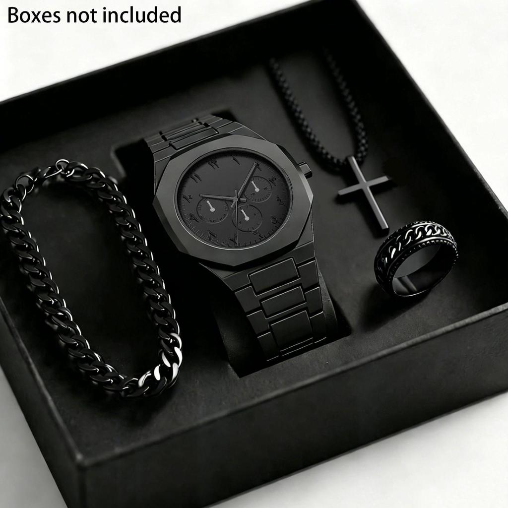 Trendiges Schwarzes Mode-Quarz-Armbanduhr & Schmuck-Set für Herren: Armband, Ring, Halskette und Geschenkbox