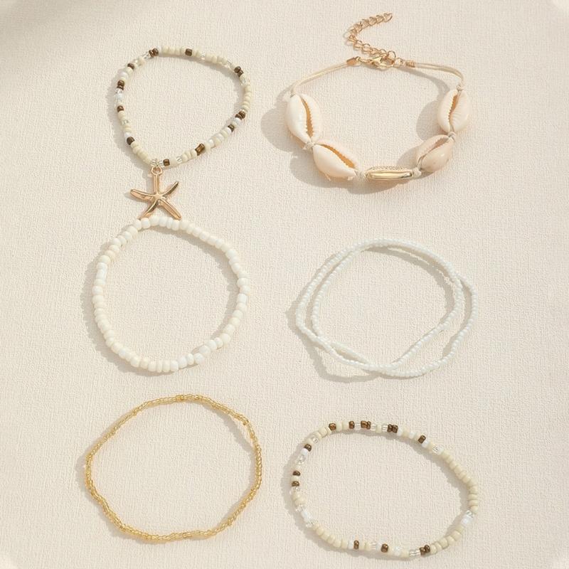 Set of 7 Delicate Beads Bracelet Comfortable Wrist Jewelry Resin and Shell Texture for Individualistic Jewelry Seekers