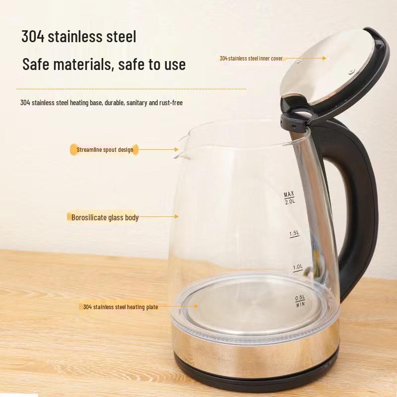 Large Capacity Glass Electric Kettle with Borosilicate, Auto Power-off & Dry-burn Protection