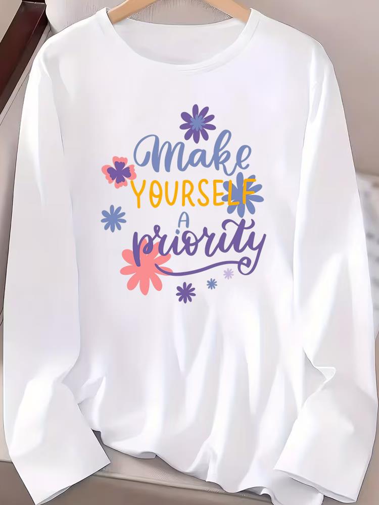 (Asian Size) Women Female Clothing Letter Cute 90s Casual Tee Lady Printed O-neck Long Sleeve T Shirt  Fashion Top Graphic T-shirts