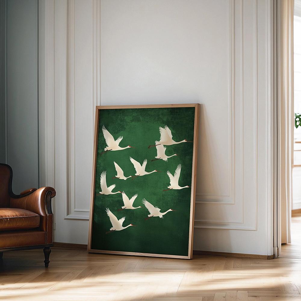 Salbeigrün Gold Japandi Kunstdruck Fliegende Vögel Wandkunst Abstrakte Sonnenkunst Wohnzimmerdeko Japanische Wandkunst Schlafzimmerdeko Geschenk