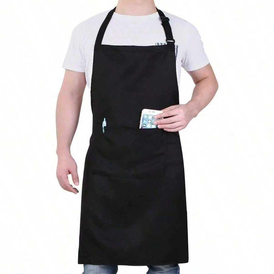 1 Unit Classic Black Apron, Professional Chef Neck Apron Kitchen Restaurant Cooking Pocket Apron, Suitable For All Genders