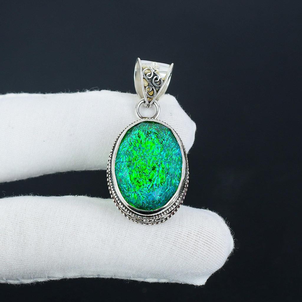 Fint grönt triplet opal ädelsten silverhänge i 925 sterlingsilver - Handgjord oval design, Vardagssmycke Vaddningsgåva