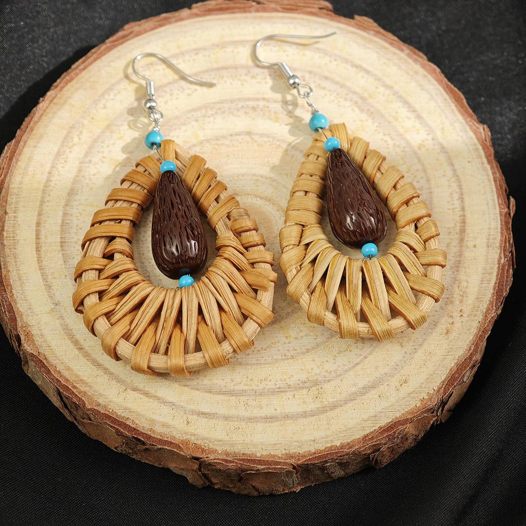 Retro Ethnic Style Rattan Water Drop Ear Hook Female Bohemian Personality Exaggerated Seaside Vacation Style Earrings Jewelry