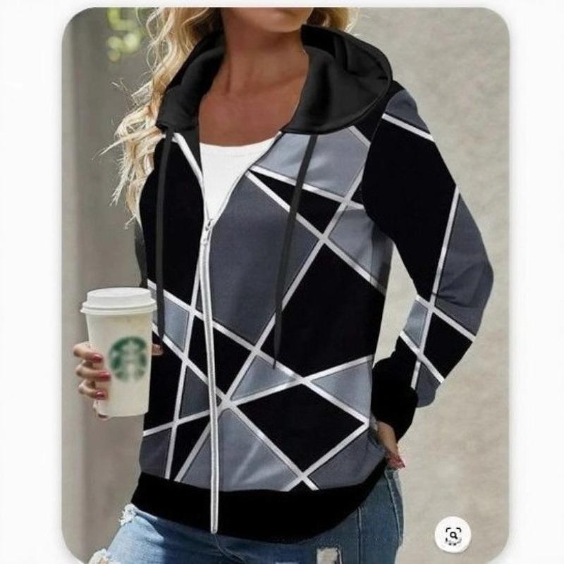 Autumn Women Hoodies Fashion Plaid Pattern Zipper Placket Cardigan Jacket Regular Fit Long Sleeves Casual Hooded Coat Spring Autumn Female Clothing