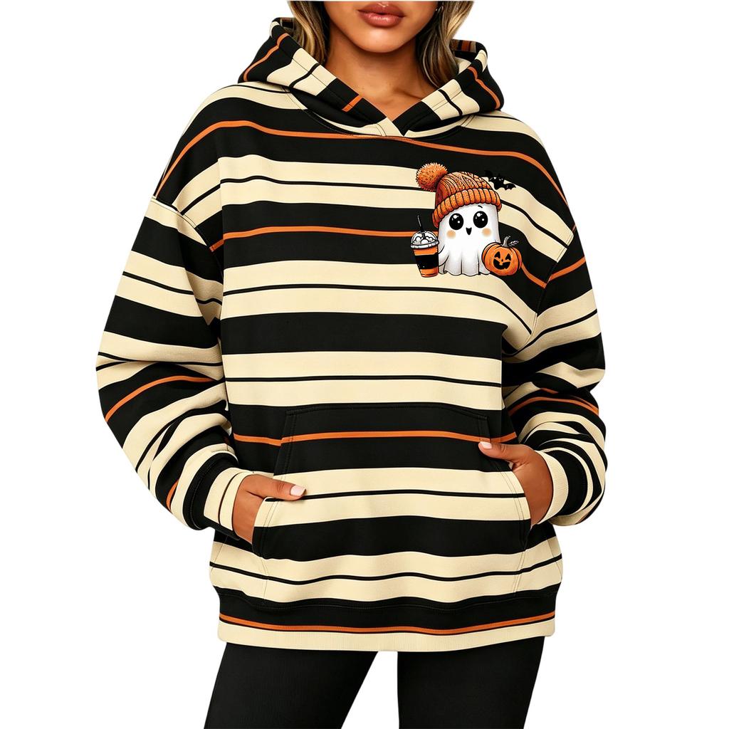 Women's Long Sleeve Striped Print Pullover Hoodie Sweatshirt with Pockets for Halloween