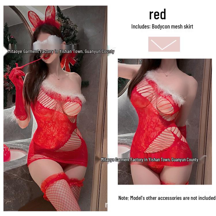 One-Shoulder Red Plush Christmas Bodycon Dress with Sheer Mesh Detail