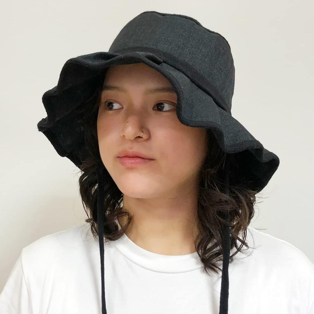 Basic Enchi Flutter Solid Foldable Chin Easy to Sun Pleated Hat with Linen Natural One Size Fits Black Hat, Strap, Carry, Protection, Ribbon, Blend,